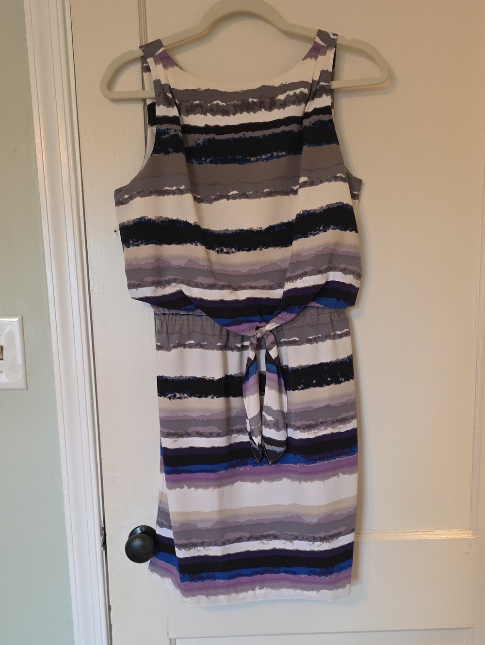 Sleeveless Striped Cinched-Waist Dress in Purple and Gray